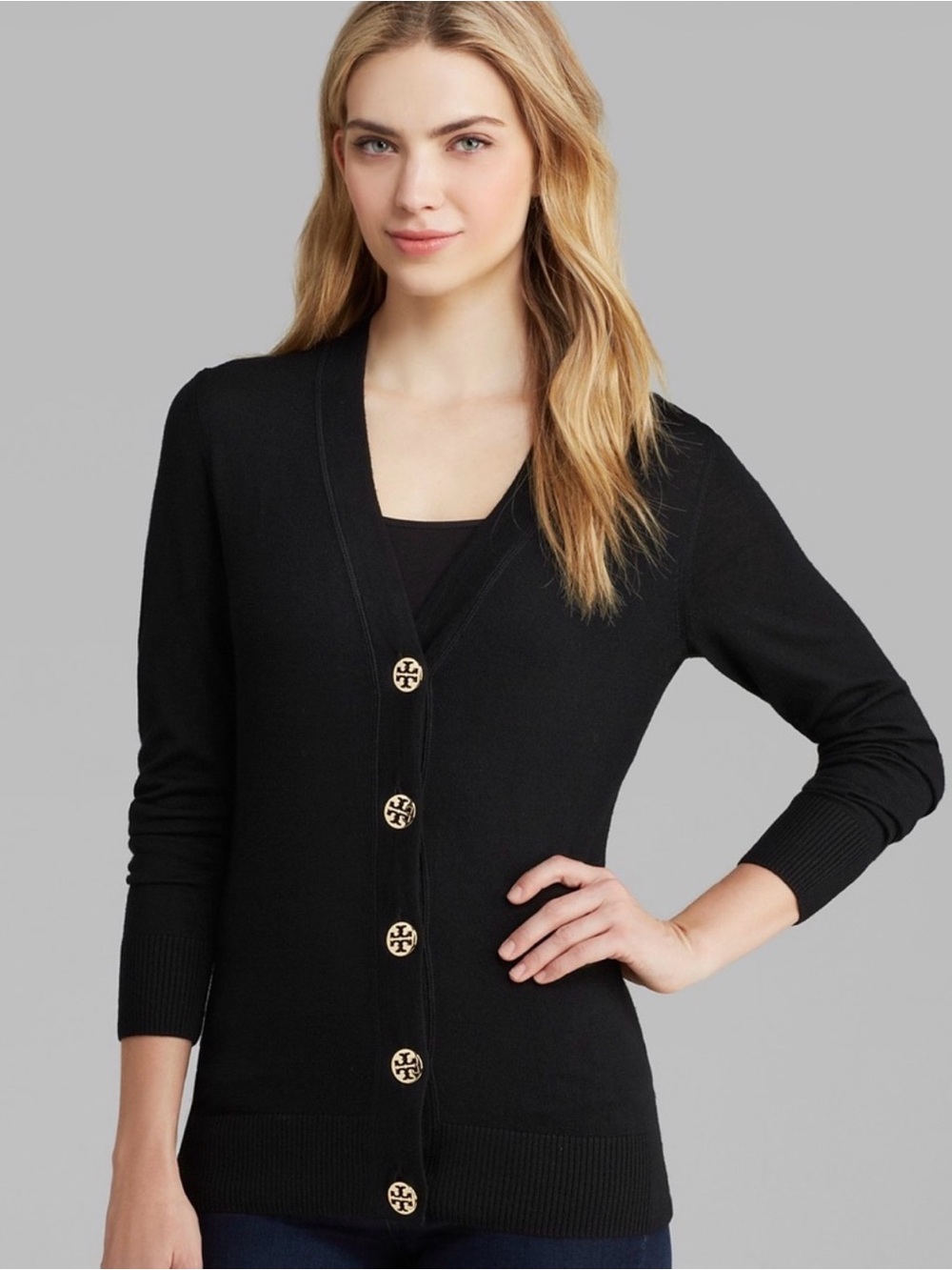 Tory Burch Black Merino Wool Logo Button Cardigan Size M
